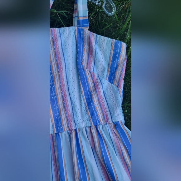 Shoshanna Demeri Striped Eyelet Dress in Rainbow Womens 12 Blue Pink white Midi - Picture 5 of 14